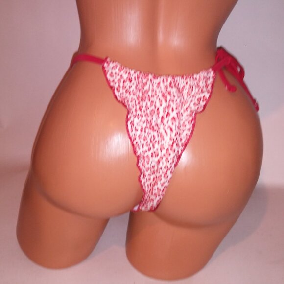 Victoria Secret PINK Swim Bikini Bottom Thong Red White Leopard Ruffle String Ti - Picture 6 of 8
